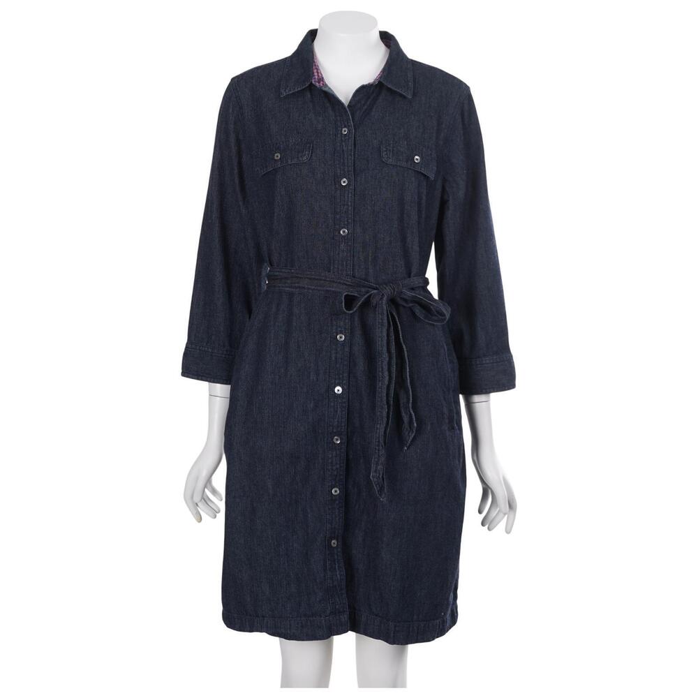 Talbots Shirt Dress 14P Dark Blue Denim Button Front Tie-Belt Pockets Cotton